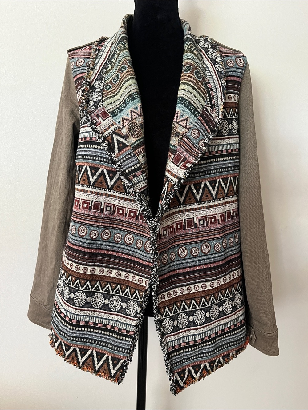 Mystree Tapestry Canvas Jacket, size M, khaki multi open front